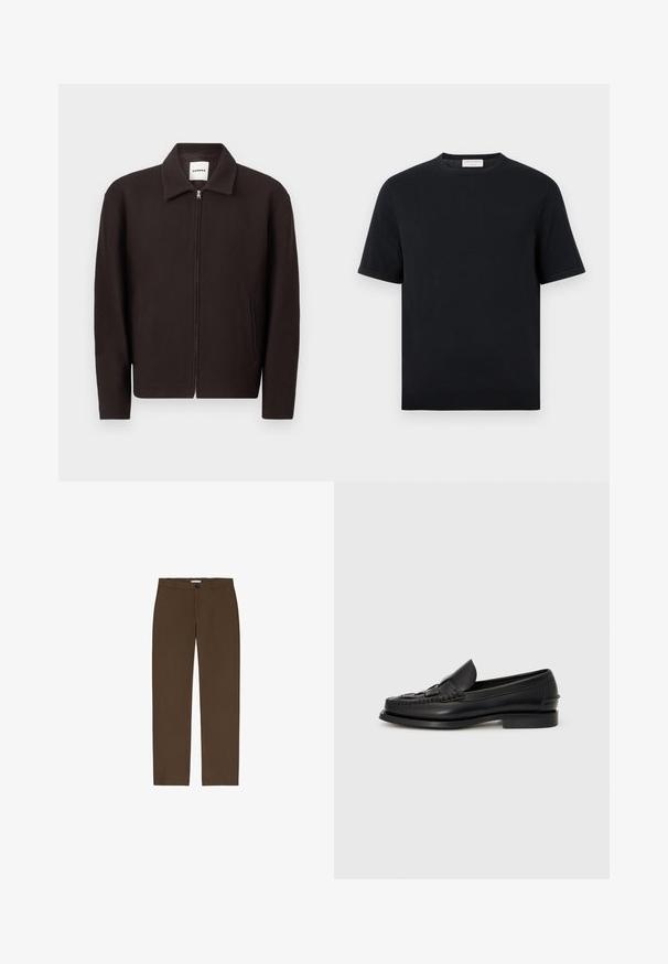 Donkerbruine jas met ritssluiting, kraag, twee voorzakken en lange mouwen, voorzien van het Sandro-label aan de binnenkant van de kraag.; Zwart T-shirt met korte mouwen en ronde hals, geribbelde zoom en manchetten, effen ontwerp, gepresenteerd tegen een witte achtergrond.; Bruine, rechte broek gemaakt van gestructureerde stof. Voorzien van een sluiting met een knoop aan de voorkant en riemlussen. Geen zichtbare zakken of patronen.; Zwarte leren instapschoenen met een geweven detail aan de voorkant, een ronde neus en een lage hak. Glad textuur en minimalistisch ontwerp.