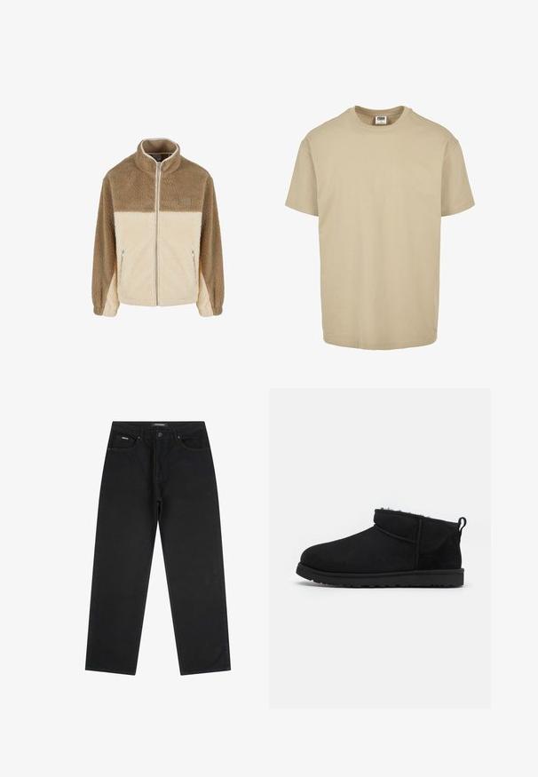 Fleecejakke med høj krave, der har et farveblokdesign i tan og creme, lynlås lukning og to lynlåslommer på siden.; Beige bomulds T-shirt med rund hals, korte ærmer og en lige kant. Glat tekstur, simpelt design uden mønstre eller accenter.; Sorte jeans med lige ben, fem lommer, knaplukning og bæltestropper, størrelse 32.; Sorte ruskind ankelstøvler med en blød, tekstureret foring, lavprofilgummi sål og en løkke bagpå for nem påtagning.