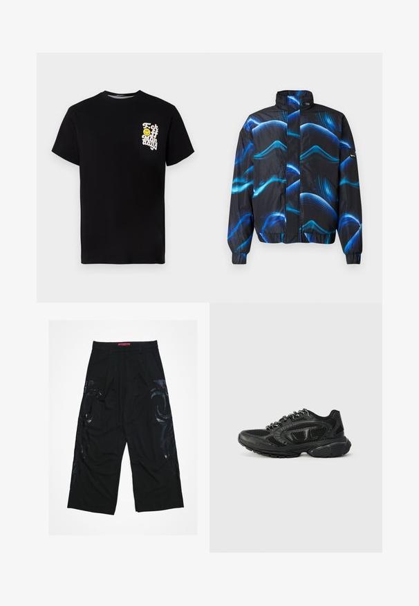 Schwarze und blaue gemusterte Jacke mit hochabschließendem Kragen, Reißverschluss, elastischen Bündchen und wellenförmigen blauen Linien im Material.; Schwarzes Baumwoll-T-Shirt mit Rundhalsausschnitt, kurzen Ärmeln und einer weißen Grafik mit einem gelben Smiley-Gesicht auf der Brusttasche.; Schwarze Hosen mit weitem Bein und plissiertem Vorderteil, mit glänzenden schwarzen Tribal-Mustern an den Seiten und einem roten, markierten Taillenbund.; Schwarze Sport Sneaker mit einem Obermaterial aus Mesh, strukturierten Akzenten und gepolstertem Kragen. Schnürdesign mit einer dicken Gummisohle für Unterstützung.