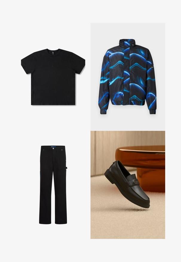 Zwart en blauw gestreepte jas met een hoge kraag, ritssluiting, elastische manchetten en golvende blauwe lijnen door het materiaal.; Zwarte T-shirt met korte mouwen, gemaakt van katoen, met een ronde hals, voorzien van een subtiele logo in het midden en een relaxte pasvorm.; Zwarte cargo broek met een rechte snit, voorzien van twee voorzakken, een achterzak en blauwe accenten aan de zijkant en op de tailleband.; Zwarte leren instapperschoen met gestikte accenten, verhoogde kraag en een platte rubberen zool, geplaatst bovenop een zachte beige ondergrond.
