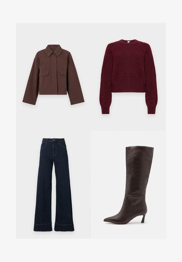 Brun cropped jakke med krave, to forlommer og lange ærmer. Fremstillet af et glat stof med en let glans.; Burgunderfarvet uldblandet crewneck-trøje med lange ærmer samt ribkanter ved ærmerne og nederst.; Mørkeblå, vide jeans med høj talje, der har forlommer og synlige sømme. Lavet af denimstof med en glat tekstur.; Steve Madden LAVAN - Høje støvler/ Støvler - brown