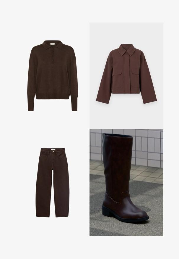Veste marron courte avec un col à revers, deux poches avant et des manches longues. Fabriquée dans un tissu lisse avec une légère brillance.; Pull en maille marron avec un col polo, présentant une patte de boutonnage et des poignets et un ourlet côtelés. Texture douce et coupe décontractée.; Jeans en denim brun avec une coupe décontractée, dotés de cinq poches, de passants de ceinture et d'une fermeture éclair classique. Texture lisse et design à jambe droite.; Botte en cuir marron foncé mi-mollet avec un bout arrondi et un petit talon bloc, posée sur le trottoir près d’un mur carrelé.