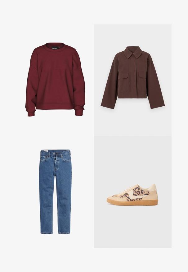 Brun cropped jakke med krave, to forlommer og lange ærmer. Fremstillet af et glat stof med en let glans.; Bordeaux sweatshirt med rund hals, afslappet pasform, lange ærmer, ribbede manchetter og en blød bomuldsblanding. Simpelt design, ingen mønstre.; Blå denim jeans med høj talje, femknap lukning og lige ben. Stoffet har en tekstureret, let falmet finish.; Leopardprint sneakers med beige ruskindsoverdel, tan gummisål og hvide detaljer. Rund pegefinger og snørebåndsdesign med en tekstureret finish.