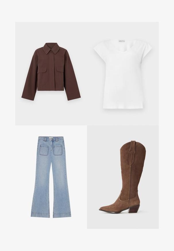 Bruine cropped jas met een kraag, twee voorzakken en lange mouwen. Gemaakt van een gladde stof met een lichte glans.; Witte blouse met korte mouwen, een ronde hals en een klein merketiket vlakbij de kraag.; Lichtblauwe flared denim jeans met een hoge taille, voorzien van twee achterzakken en zichtbare stiksels langs de naden.; Bruine suède cowboylaars met een puntige neus, schacht van gemiddelde hoogte, decoratieve stiksels langs de zijkanten en een gestapeld houten hak.