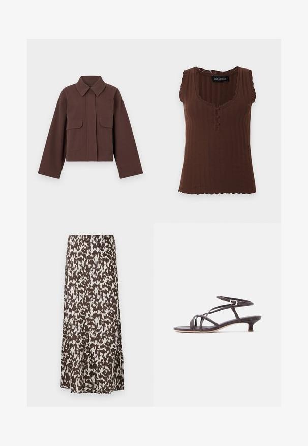 Brun cropped jakke med krave, to forlommer og lange ærmer. Fremstillet af et glat stof med en let glans.; Brun ærmeløs ribstrikket top med bølgede kanter, tre stofbetrukne knapper ved halsudskæringen og rund scoop-hals.; Brun nederdel med et hvidt abstrakt mønster, med et flydende design og glat tekstur, der går til midten af læggen.; Brune sandaler med stropper og lav, flad kittenhæl, lavet af glat materiale, med flere krydsede stropper og en spænde-lukning.