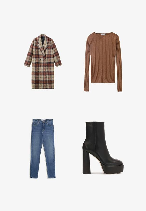 Dobbeltradet ternet frakke i beige, brun og blå nuancer, med en blød, fnugget tekstur og hakkede revers samt to forlommer.; Brun ribbet langærmet sweater med rund halsudskæring, der viser et tekstureret stof, som fremhæver lodrette linjer. Enkel og tætsiddende design.; Blå denim jeans med høj talje, slim fit, forlommer, lynlås og kontrasterende syninger. Struktureret design med en glat overflade.; Kazar Studio AUBREY - Højhælede støvletter - black