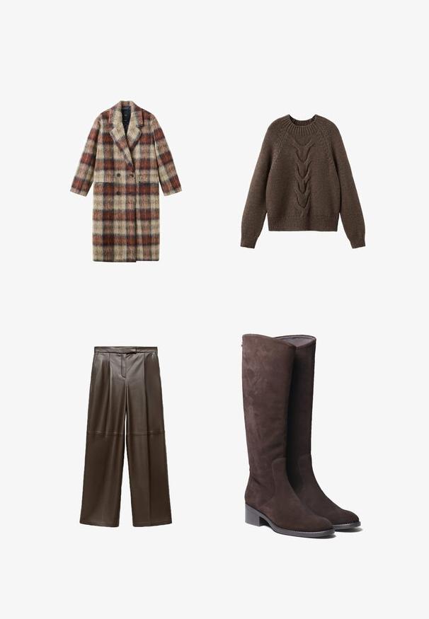 Dobbeltradet ternet frakke i beige, brun og blå nuancer, med en blød, fnugget tekstur og hakkede revers samt to forlommer.; Brun strikket sweater med rund halsudskæring, lange ærmer og et kabelstrikdesign, der løber ned langs fronten. Ribbet kant og manchetter.; Brune læder brede bukser med en glat tekstur, der har folder foran og et klassisk taljebånddesign.; Brune ruskind knæhøje støvler med en let afrundet tå og lav blokhæl. Har diskrete syningsdetaljer langs siderne.