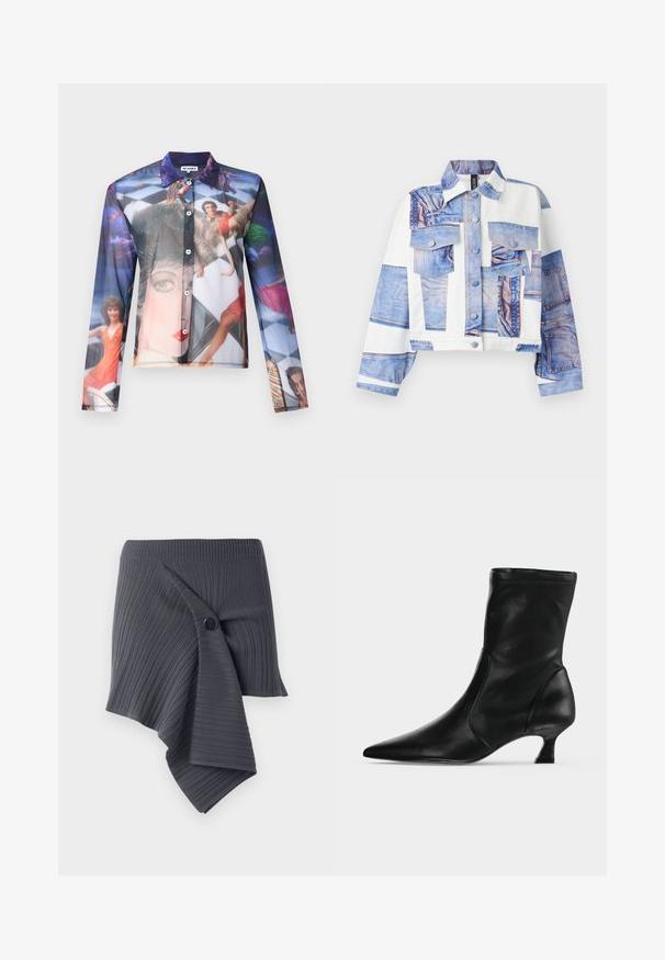 Skræddersyet jakke med denimprintdesign, fem lommer, knaplukning og kontrasterende hvide stofpaneler. Blå nuancer dominerer.; Gennemsigtig skjorte med knapper, der har et farverigt fotografisk tryk af mennesker i dynamiske positurer, med klassisk krave og lange ærmer.; Mørkegrå ribbet omslagsskjørt med et snoet design og en rund sort knapaccent. Fremstillet af et struktureret, strækbart materiale.; Sort læderstøvle til midt på læggen med spids tå og lav kittenhæl, vist fra siden på en ensartet lys baggrund.
