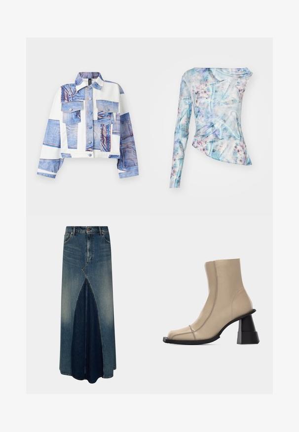 Lyhyttakki, jossa on denimmallinen design, viisi taskua, napituskirjaus ja kontrastivalkoiset kangaspaneelit. Siniset sävyt hallitsevat.; Asymmetriskt långärmad topp i blå och rosa abstrakt mönster, med samlad textur och rundad halsringning. Tillverkad av lättviktig tyg.; Sininen farkku maksi-hame, jossa on etuosa käänteinen laskos, vyölenkit, nappi- ja vetoketjukiinnitys sekä haalistu wash-yksityiskohdat.; Beige nahkainen nilkkasaapas, jossa on neliömäinen kärki, näkyvät ompeleet ja massiivinen musta veistoksellinen blokki-korko valkoisella taustalla.
