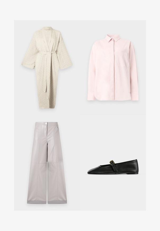 Bata beige con un patrón de diamantes, hecha de una tela suave. Presenta un cinturón, mangas anchas y una longitud larga para un ajuste relajado.; Camisa de manga larga de color rosa claro con botones, cuello puntiagudo y bolsillo en el pecho, mostrada sobre un fondo liso y claro.; Pantalones de pierna ancha en faux cuero gris claro, con cierre de botón en la parte frontal, dos bolsillos laterales y costuras decorativas para mayor textura.; Zapato plano tipo Mary Jane de piel negra con punta afilada y una fina tira con una pequeña hebilla dorada, mostrado de lado sobre un fondo liso.