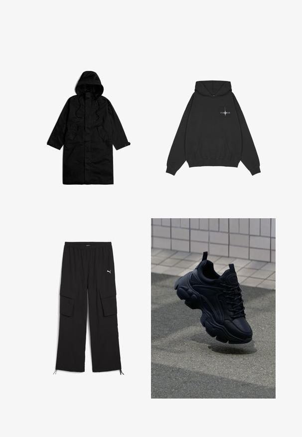 Lange zwarte regenjas met kap, voorzakken, trekkoorden en knoopmanchetten, plat gelegd op een witte achtergrond.; Pegador Hoodie - washed black; Zwarte cargobroek met een wijd design, elastische tailleband, twee zijzakken en trekkoord bij de pijpen. Bevat een klein wit logo.; Zwarte leren sneaker met een chunky ontwerp, voorzien van een dikke zool, getextureerde panelen en zwarte veters. Drijvend boven een grijze stoep.