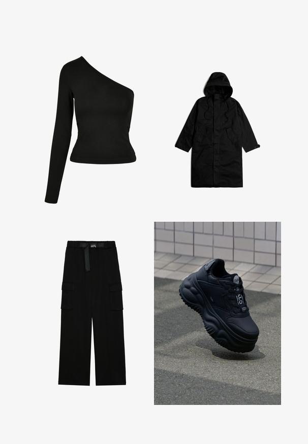 Long imperméable noir à capuche, avec poches avant, cordons et poignets boutonnés, étalé à plat sur un fond blanc.; Haut à manches longues noir avec un col asymétrique. Fabriqué en tissu lisse, design ajusté et ourlet arrondi. Pas de motifs ni d'ornements.; Pantalons cargo noirs avec une coupe large, taille élastique avec une ceinture, et deux grandes poches latérales pour le rangement.; Baskets noires épaisses avec une tige en cuir lisse, semelle surélevée avec des motifs en vagues, et lacets pour un ajustement sécurisé. Marque sur la languette.