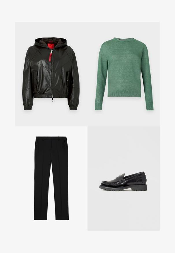 Sort læderjakke med hætte, frontlynlås, rød lynlåstrækker, elastiske ærmegab og kant samt to klaplommer med trykknapper.; Grøn langærmet crewneck-trøje med ribstrikkede manchetter og kant, lavet af let strikket stof.; Sorte skræddersyede bukser med en glat tekstur, der har en flad front, to sidelommer og et klassisk lige ben-design.; Sort læderloafer med en overdel i mokkasinstil, tekstureret frynsedetalje og en tyk sort gummisål. Glat finish, afrundet tå.