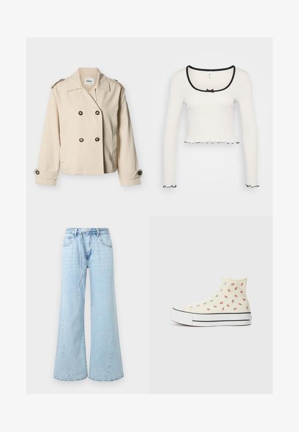 Beige cropped dobbeltradet jakke med bred krave, skulderklaffer, knappede manchetter og sidelommer fra mærket ONLY.; Hvid langærmet crop top med en bred sortkantet rund halsudskæring, en center bånd detalje, og flæser i sort ved ærmerne og kanten.; Lyseblå vidde jeans med forlommer, bæltestropper og et løst bindebælte i taljen på ensfarvet baggrund.; Høje sneakers lavet af gul lærred, med et mønster af små røde jordbær, hvide snørebånd og en hvid sål med sorte striber.