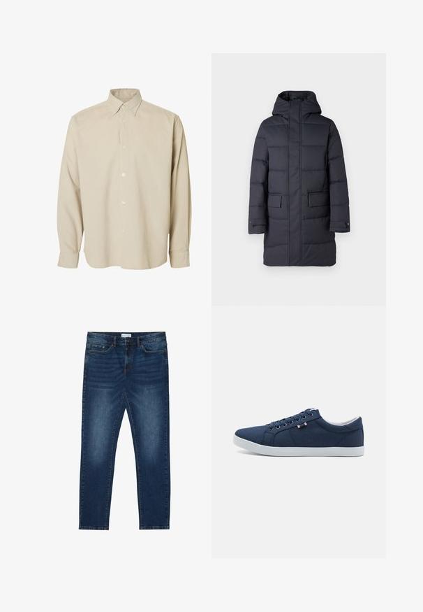 Lang, marineblå pufferjakke med hætte, der har en lynlåslukning, to forlommer og elastiske manchetter. Glat tekstur med quiltet design.; Beige langærmet skjorte med knapper, spids krave og knappede manchetter, vist mod en ensfarvet hvid baggrund.; Mørkeblå slim-fit jeans med falmede detaljer, klassisk fem-lomme design, knappelukning og bæltestropper.; Marineblå kanvas sneakers med hvide gummisåler, rund tå og seks par snørehuller. Har logo tag på siden.