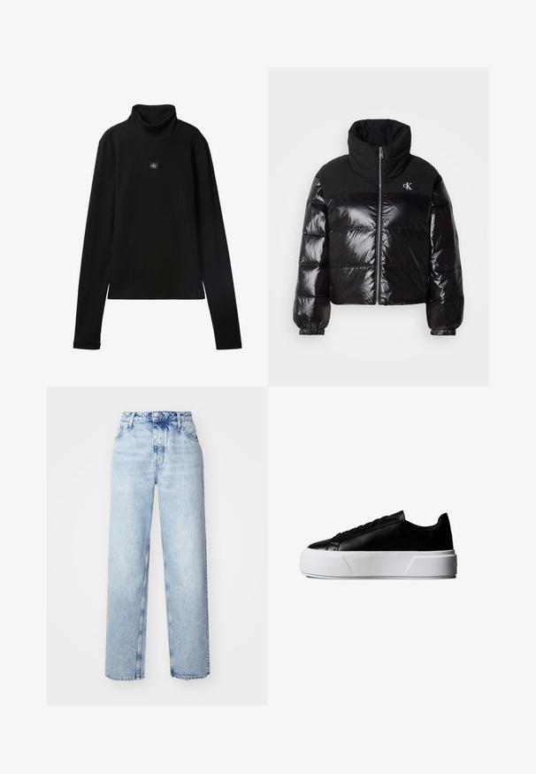 Chaqueta acolchada negra con acabado brillante, cuello alto y cremallera gruesa. Presenta puños acanalados y un logo en la parte superior izquierda.; Top negro de cuello alto acanalado de manga larga con un pequeño parche cuadrado con el logo de Calvin Klein centrado en el pecho.; Jeans de tiro alto color azul claro con un corte holgado, que cuentan con piernas rectas, cinco bolsillos y un cierre clásico de botones y cremallera.; Zapatilla negra de corte bajo con suela blanca gruesa de plataforma y cordones negros, vista lateral sobre fondo blanco.