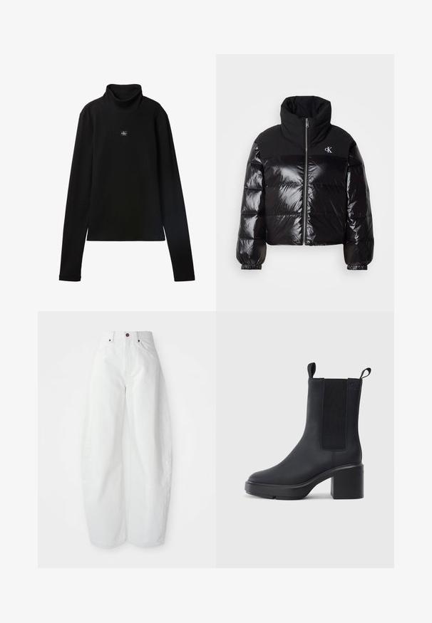 Sort pufferjakke med blank overflade, høj krave og kraftig lynlås. Har ribbede manchetter og et logo på øverste venstre side.; Sort ribstrikket bluse med lange ærmer og lille firkantet Calvin Klein-logo placeret centralt på brystet.; Højtaljede hvide denimbukser med løs pasform. Har en knaplukning, sidelommer og et minimalistisk design. Glat tekstur.; Sorte ankelstøvler i glat gummimateriale, med elastiske sidepaneler, blokhæle og trækskilt øverst for nem påtagning.