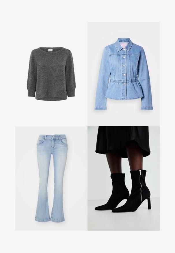 Lyseblå denimjakke med lange ærmer, knaplukning, peplum-talje og syninger. Har klassisk krave og sølvfarvede metaldetaljer.; Kaffe KABETTY - Striktrøje - grey melange; Lyseblå udvidede jeans i denimstof med fem lommer, bæltestropper og synlig syning ved kanten. Glat tekstur med let falmning.; Sorte ankelstøvler med en strækbart stofoverdel, spids tå og en sidelukning med lynlås, sat på en slank, høj hæl.