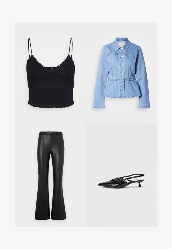 Lyseblå denimjakke med lange ærmer, knaplukning, peplum-talje og syninger. Har klassisk krave og sølvfarvede metaldetaljer.; Sort crop-top med justerbare spaghetti-stropper, med tekstureret blonder og en bølget kant.; ONLY ONLJESSIE PANTS - Bukser - black; Sort laklæder slingback-sko med spids tå, lille blokhæl og justerbar rem med udskæringsdetaljer og logoaccenter.