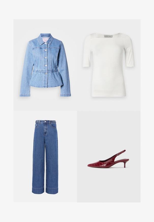 Lyseblå denimjakke med lange ærmer, knaplukning, peplum-talje og syninger. Har klassisk krave og sølvfarvede metaldetaljer.; Hvid top med korte ærmer og firkantet udskæring, lavet af et glat stof med subtile sømdetaljer på skuldrene og siderne.; Blå denim jeans med vide ben, flettet linning, knap foran og lommer, vist på ensfarvet baggrund.; Bordeaux læder slingback pumpe med krokodillestruktur, spidse tæer, justerbar spænde rem og lav kitten hæl på en hvid baggrund.
