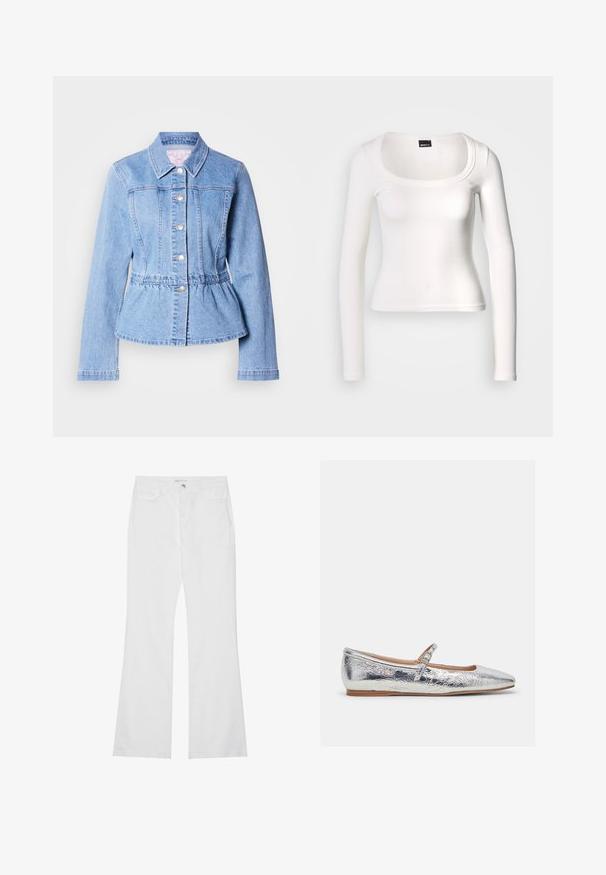 Lichtblauwe denimjas met lange mouwen, knoopsluiting, peplum taille en gestikte naden. Voorzien van een klassieke kraag en zilverkleurige metalen details.; Wit top met lange mouwen en een afgeronde halslijn. Gemaakt van geribbelde stof, met een nauwsluitend ontwerp en een gladde textuur met een naadloze afwerking.; Witte flared jeans van katoenen denim, met twee voorzakken, een rits en een metalen knoop. Glad textuur met minimale details.; Zilveren metallic ballerina met een amandelvormige neus, een dunne band over de wreef en een gestructureerde afwerking. Platte zool en een minimalistisch ontwerp.