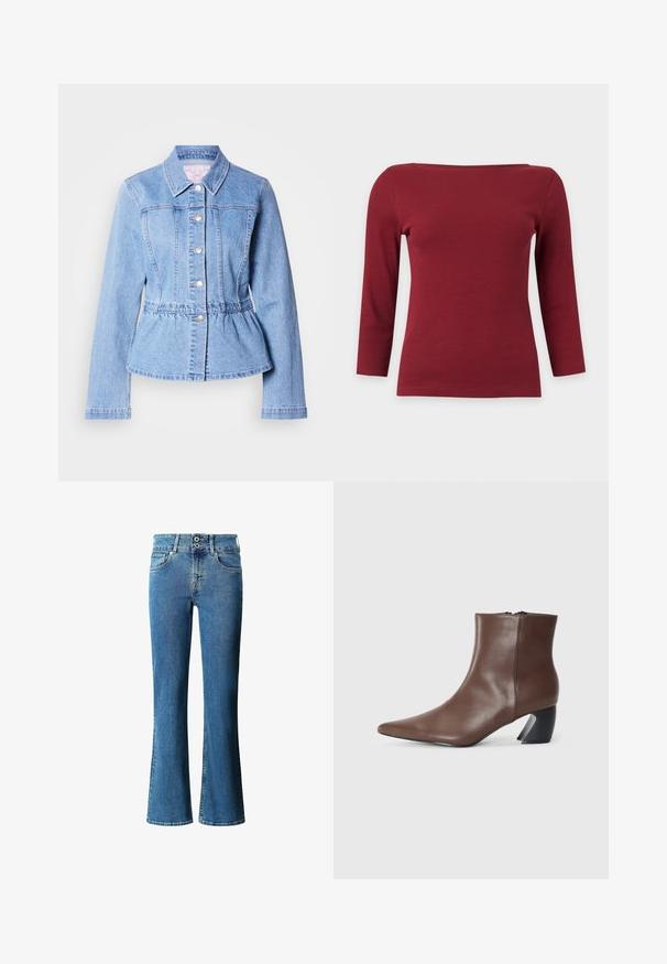 Veste en jean bleu clair à manches longues, fermeture par boutons, taille évasée et coutures cousues. Comprend un col classique et des détails métalliques argentés.; Haut à manches longues côtelé rouge foncé uni avec un large col bateau et une silhouette ajustée sur fond gris clair.; Jean en denim évasé bleu moyen, doté d'une taille haute, d'une fermeture à deux boutons, d'un design classique à cinq poches et d'un léger délavage sur l'ensemble.; RAID DEBRA - Boots à talons - brown