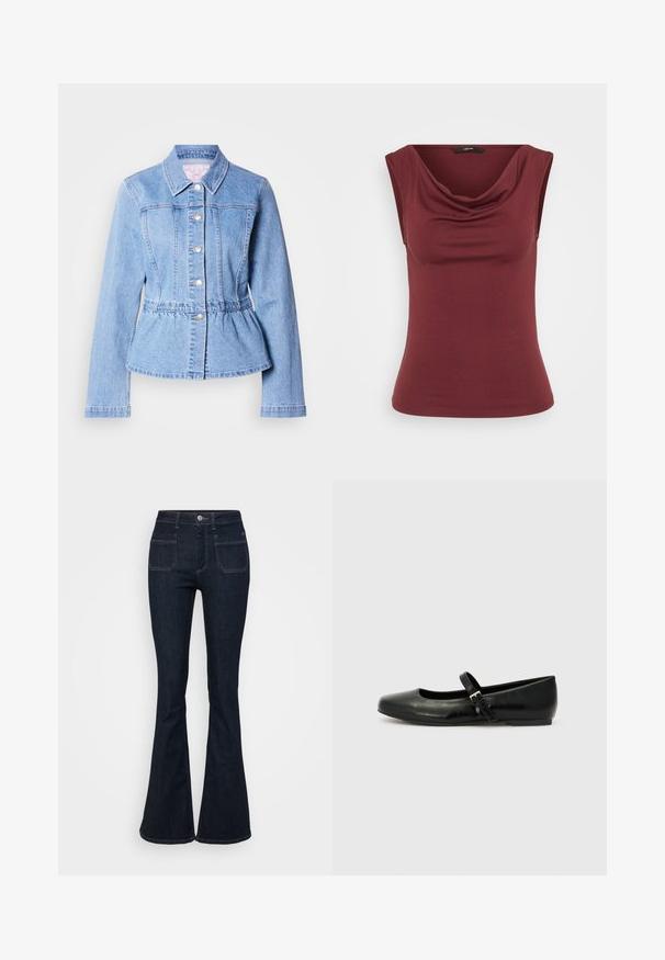 Hellblaue Jeansjacke mit langen Ärmeln, Knopfverschluss, Taillenpeplum und genähten Nähten. Verfügt über einen klassischen Kragen und silberne Metallakzente.; Bordeauxfarbener ärmelloser Oberteil mit einem drapierten Ausschnitt, enganliegender Form, aus weichem Material, mit glatter, gleichmäßiger Textur. Keine Muster oder Accents.; Dunkelblaue Schlagjeans aus Denim mit hoher Taille, fünf Taschen und Kontrastnähten an den Nähten. Glatte Textur.; Schwarze Leder-Ballerinas mit einer runden Spitze, einer flachen Sohle und einem dünnen, verstellbaren Riemen über dem Spann mit einer Metallschnalle.
