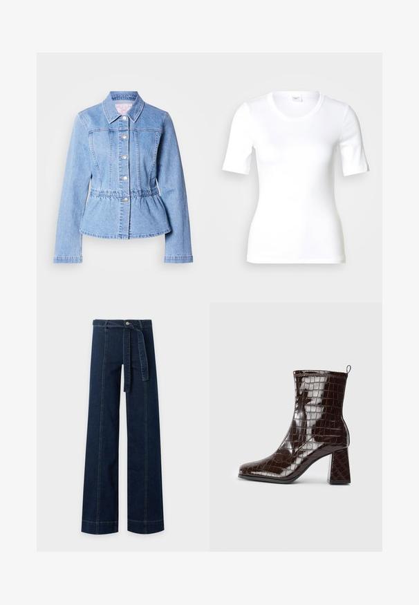 Chaqueta de mezclilla azul claro con mangas largas, cierre de botones, cintura con volante y costuras pespunteadas. Presenta un cuello clásico y detalles de herrajes plateados.; Camiseta blanca de manga corta hecha de algodón liso, con escote redondo y forma ajustada. Diseño clásico, sin estampados ni adornos.; Pantalón vaquero azul oscuro de pierna ancha con detalles de costura en la parte delantera y cinturón de tela a juego atado a la cintura.; Botín de tobillo de charol marrón oscuro con textura de cocodrilo, tacón cuadrado y asa en la parte posterior, sobre fondo blanco.