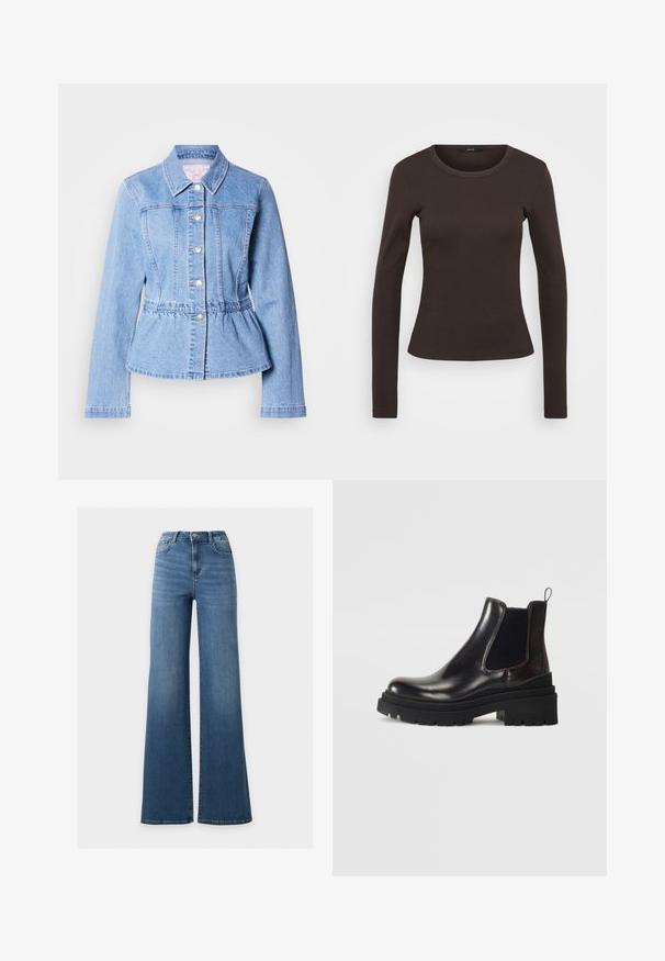 Veste en jean bleu clair à manches longues, fermeture par boutons, taille évasée et coutures cousues. Comprend un col classique et des détails métalliques argentés.; T-shirt marron à manches longues en tissu côtelé, avec un col rond et une silhouette ajustée.; Jean bleu taille haute à jambes larges avec bouton et fermeture éclair à l'avant, deux poches avant et un design classique à cinq poches.; Tamaris Bottines - merlot