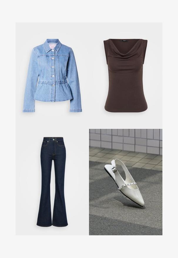 Lichtblauwe denimjas met lange mouwen, knoopsluiting, peplum taille en gestikte naden. Voorzien van een klassieke kraag en zilverkleurige metalen details.; Bruine mouwloze top met een gemaakte col halslijn, gemaakt van zachte stof. Gladde textuur met een aansluitende silhoutte en geen zichtbare hardware.; Donkerblauwe hoge taille spijkerbroek met uitlopende pijpen, voor- en achterzakken, zilveren knoopsluiting en oranje stikdetails.; Witte puntige slingback platte schoen met twee zilveren gespen, getoond buiten op een getextureerde ondergrond en betegelde muur als achtergrond.