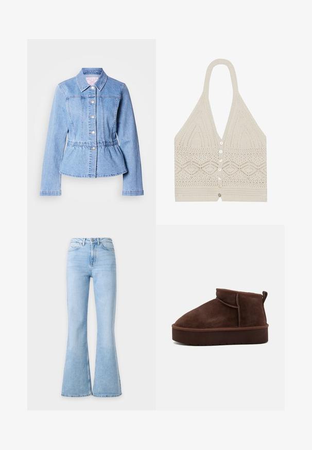 Lichtblauwe denimjas met lange mouwen, knoopsluiting, peplum taille en gestikte naden. Voorzien van een klassieke kraag en zilverkleurige metalen details.; Gehaakte haltertop in crème, met een geometrisch patroon, een diepe V-halslijn en vijf knopen aan de voorkant met een gestructureerde afwerking aan de onderrand.; Lichtblauwe denim jeans met hoge taille en uitlopende brede pijpen, met knopen aan de voorkant en zakken op een effen achtergrond.; Bruine suède enkellaars met een ronde teen, zachte textuur en een dikke plateauzool. Beschikt over een subtiele naaddetail en een achterste lus om aan te trekken.