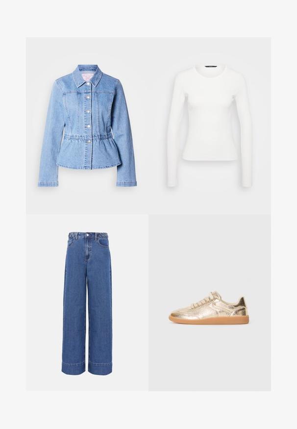 Lyseblå denimjakke med lange ærmer, knaplukning, peplum-talje og syninger. Har klassisk krave og sølvfarvede metaldetaljer.; Hvid langærmet ribbet skjorte med rund halsudskæring og tætsiddende silhuet. Glat tekstur med et enkelt design, uden mønstre eller accenter.; Blå denim jeans med vide ben, flettet linning, knap foran og lommer, vist på ensfarvet baggrund.; Lave sneakers med metallisk gylden tekstureret overdel, beige snørebånd og gummisål, vist fra ydersiden på hvid baggrund.