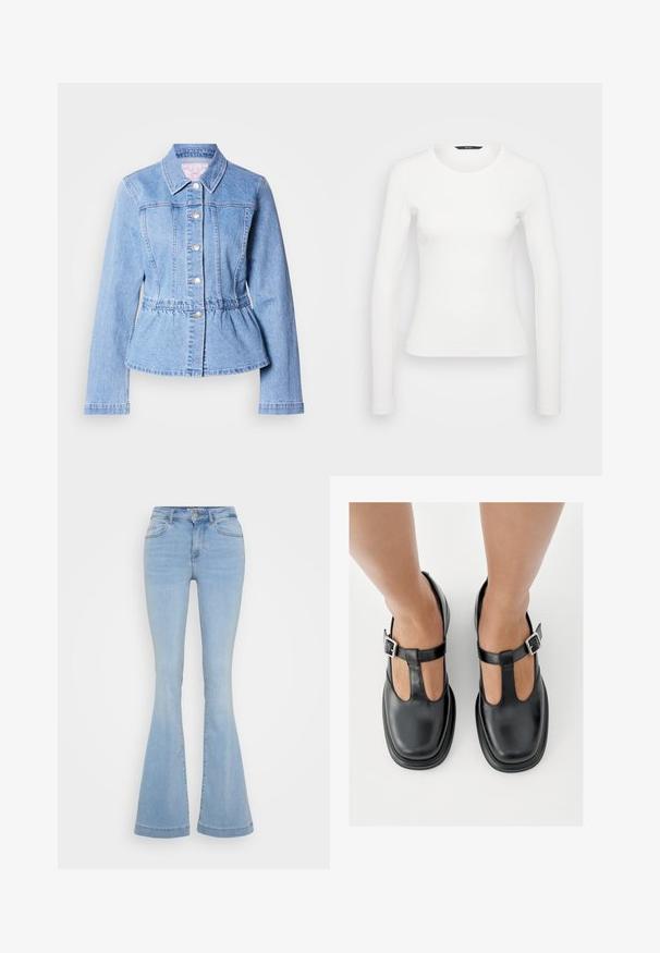 Hellblaue Jeansjacke mit langen Ärmeln, Knopfverschluss, Taillenpeplum und genähten Nähten. Verfügt über einen klassischen Kragen und silberne Metallakzente.; Weißes langärmeliges, geripptes Shirt mit einem runden Halsausschnitt und taillierter Silhouette. Glatte Textur mit einem schlichten Design, ohne Muster oder Akzente.; Hellblaue Schlagjeans aus Denim, mit hoher Taille, fünf Taschen und kontrastierenden Nähten entlang der Säume.; Schwarze Lederschuhe mit T-Riemen-Design, geschlossenem Zehenbereich und silbernen Schnallenakzenten. Glatte Textur mit rundem Zehenbereich und flacher Sohle.