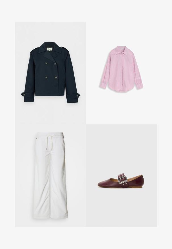 Chaqueta azul marino corta de doble botonadura con solapas anchas, puños abotonados y hombreras.; Camisa de manga larga con botonadura, con rayas verticales en rosa y blanco y cuello puntiagudo, exhibida sobre un fondo claro y sencillo.; Pantalones anchos de pernera blanca hechos de algodón suave. Cuentan con una cinturilla elástica con cordón y detalles sutiles en las costuras laterales.; Bailarinas de cuero burdeos con punta afilada, tira ancha con hebilla plateada y múltiples agujeros, suela plana, textura suave.