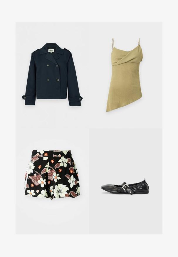 Marineblaue, kurz geschnittene Doppelreiherjacke mit breiten Revers, geknöpften Manschetten und Schulterklappen.; Hellolivgrünes asymmetrisches Kleid mit dünnen Spaghettiträgern und strukturiertem Stoff.; Schwarze Blumenshorts mit großen hellgrünen und orangefarbenen Blumen sowie dunklen Blättern, plissierter Design und Taschen an den Seiten.; Schwarze Leder-Ballerinas mit spitzem Zehenbereich, gerafften Details am Schaft und einem silbernen Schnallenakzent am verstellbaren Riemen.