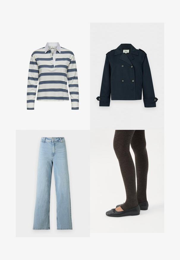 Korte marineblauwe dubbelbreasted jas met brede revers, knoopmanchetten en schouderepauletten.; Poloshirt met lange mouwen, witte basis met marineblauwe en lichtblauwe horizontale strepen. Opvallende witte kraag en zachte katoenen textuur.; Lichtblauwe high-waisted wijde denim jeans met knoop- en ritsluiting aan de voorkant, riemlussen en geen zichtbare slijtage.; Benen met donkere geribbelde leggings gecombineerd met zwarte ballerina's met kleine strikdetails op een witte achtergrond.