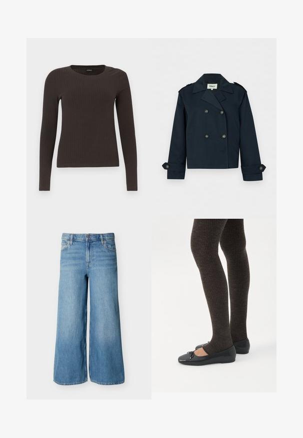 Veste courte bleu marine à double boutonnage avec larges revers, poignets boutonnés et épaulettes.; Un haut marron à manches longues en rib avec un col rond. Fabriqué dans un matériau lisse et extensible, il présente une silhouette ajustée et un minimum de détails.; Jean en denim bleu clair à jambes larges avec bouton frontal, fermeture éclair, passants pour ceinture et poches, présenté sur un fond uni.; Jambes portant des leggings côtelés foncés associés à des ballerines noires avec de petits détails en nœud sur fond blanc.