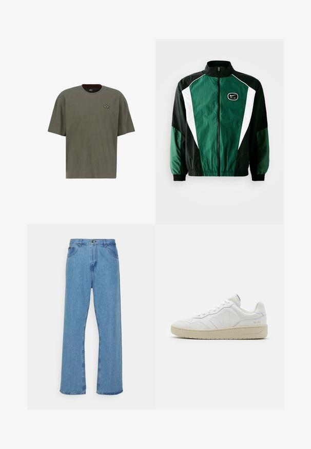 Chaqueta de Nike con cierre frontal, cuello alto y un diseño de bloques de color en verde oscuro, negro y blanco, con un logo bordado.; Camiseta de manga corta color verde oliva hecha de algodón, con escote redondo y un pequeño logo dorado bordado en el lado izquierdo del pecho.; Vaqueros anchos de mezclilla azul claro con una cintura alta, que cuentan con un cierre de botón y cremallera, cinco bolsillos y dobladillos deshilachados.; Zapatillas blancas de cuero con un acabado texturizado y cuello acolchado. Cuentan con una suela de goma beige y un sutil logotipo en el talón y el lado.