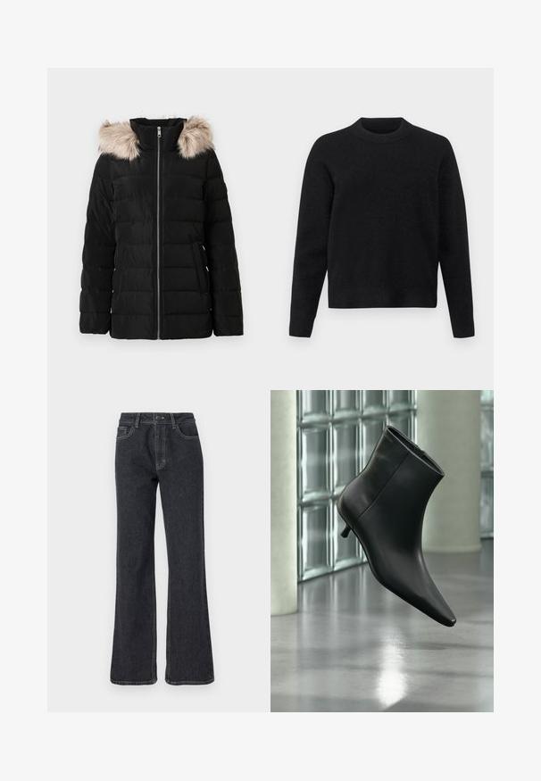 Schwarze Pufferjacke mit Reißverschluss vorne, mit einer Kunstfellverzierung an der Kapuze, gestepptem Design und seitlichen Taschen. Strukturiertes, leichtes Material.; Schwarzer Pullover aus weichem Stoff, mit rundem Halsausschnitt, langen Ärmeln und lockerer Passform, der eine glatte Textur aufweist.; Dunkelblaue Schlagjeans mit hoher Taille, goldenen Nähten, fünf Taschen und Knopfverschluss. Glatte Textur, gerades Bein Design.; Schwarzer Leder-Stiefelette mit spitzer Zehenpartie und niedrigem Kitten-Heel, schräg dargestellt vor einem polierten Boden und einer Glasbausteinwand.