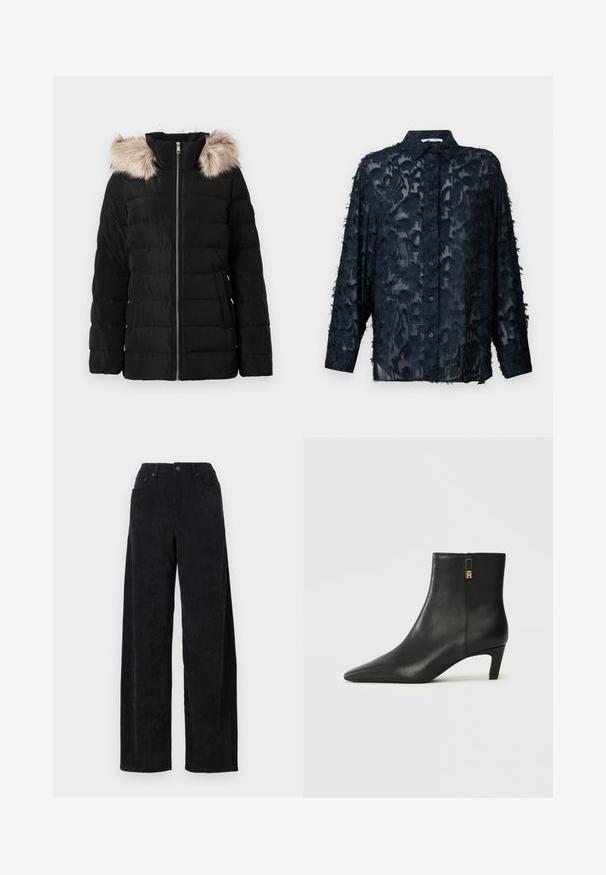 Sort pufferjakke med lynlås fortil, har et faux fur-beklædning på hætten, kviltet design og sidelommer. Tekstureret, letvægtsstof.; Sort gennemsigtig skjorte med et tekstureret mønster, der har en klassisk krave, lange ærmer og knaplukning. Kanterne har frynset detaljer.; Sorte fløjlsbukser med vid ben og høj talje, der har to forlommer og en subtil vertikal ribbet tekstur.; Sorte læderankelstøvler med spids snude og lille, tilspidset hæl. Har lynlås i siden med gulddetalje. Glat tekstur.