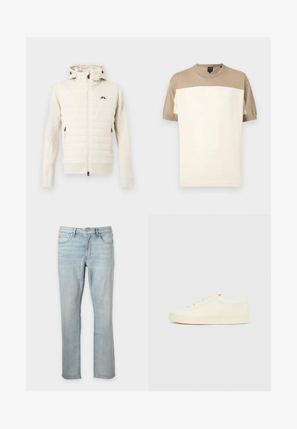 Veste matelassée couleur crème avec capuche, fermeture éclair complète à l'avant, poches latérales zippées et petit logo noir sur la poitrine.; Pull à manches courtes et col rond avec une partie supérieure et des manches beige, et un large panneau inférieur crème, présenté sur un fond uni.; Jean en denim bleu clair avec une coupe droite, style classique cinq poches, fermeture par bouton et zip, présenté sur un fond uni.; Baskets couleur crème avec une tige en cuir lisse, bout arrondi, laçage à l'avant et semelle en caoutchouc texturée. Design minimaliste, sans logo.