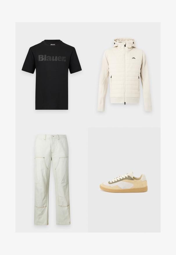 Veste matelassée couleur crème avec capuche, fermeture éclair complète à l'avant, poches latérales zippées et petit logo noir sur la poitrine.; T-shirt noir à manches courtes avec l'inscription "Blauer." en grandes lettres gris foncé sur la poitrine et un col rond.; Pantalons cargo beige clair en coton, dotés de plusieurs poches, de coutures contrastantes et d'une coupe droite. Texture de tissu durable.; Baskets basses en daim beige, panneaux en maille blanche, accents olive, lacets blancs et semelle en caoutchouc naturel sur fond gris clair.