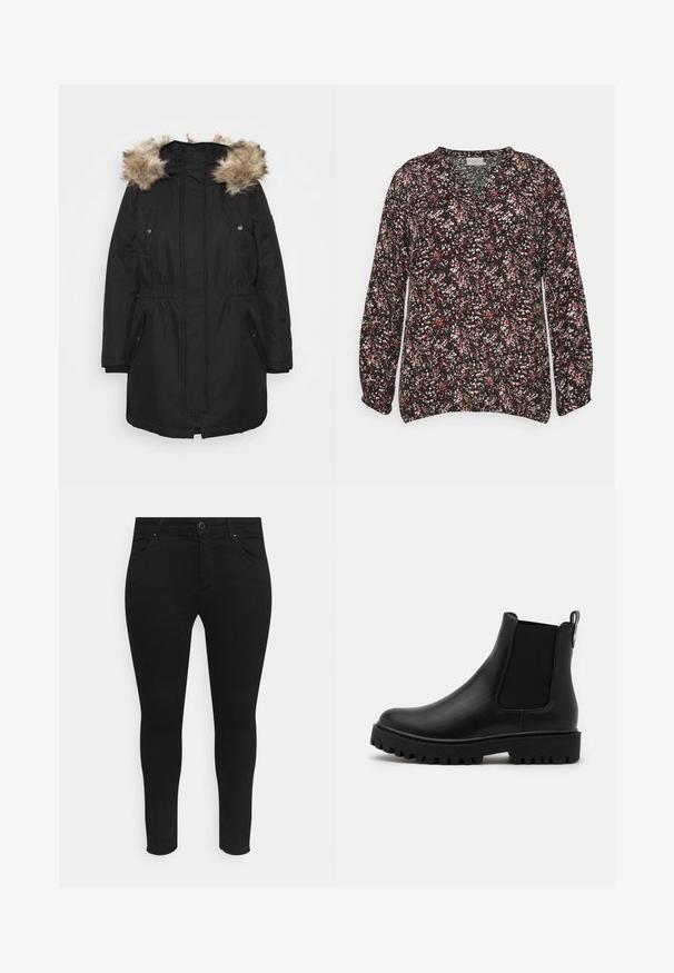 Parka negra con capucha forrada de pelo sintético, cintura elástica, dos bolsillos frontales y cierre de cremallera. Tejido suave y resistente a la intemperie.; Blusa floral en negro con pequeños patrones en rosa, blanco y verde. Cuenta con escote en forma de V y mangas largas con fruncido. Fabricada en tejido ligero.; Vaqueros skinny negros hechos de una tela elástica, con bolsillos delanteros, cierre de botón y un diseño elegante sin patrones ni adornos visibles.; Botas de cuero negro hasta el tobillo con paneles elásticos en los lados, una lengüeta de tirón y una suela de goma gruesa con un patrón de relieve.