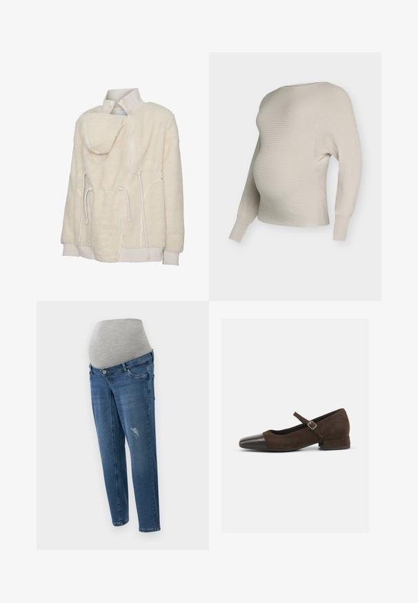 Cremefarbene Sherpa-Fleecejacke mit hohem, geripptem Kragen, vorderem Reißverschluss, verstellbaren Kordeln sowie gerippten Bündchen und Saum.; Cremefarbener, gerippter Strickpullover für Schwangere mit lockerem Schnitt, weitem Halsausschnitt und langen Ärmeln, der eine weiche Textur und ein lässiges Design betont.; Schwangerschaftsjeans aus mittelblauem Denim. Mit einem grauen elastischen Bund, fünf Taschen und leichten Abnutzungsdetails auf der Vorderseite.; Braune Wildleder-Mary-Jane-Schuhe mit einer schwarzen Lackleder-Zehenspitze, verstellbarem Riemen und einem niedrigen Blockabsatz. Glatte Textur mit minimalen Akzenten.
