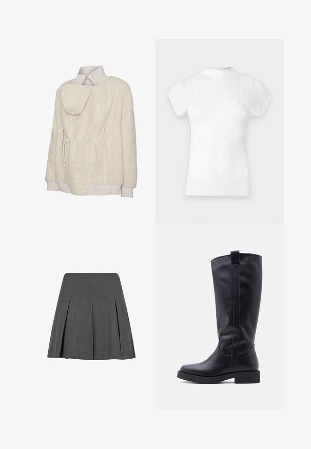 Veste en polaire sherpa couleur crème avec col montant côtelé, fermeture éclair frontale, cordons de serrage réglables, poignets et ourlet côtelés.; Haut blanc à manches courtes côtelé avec un col haut. Texture douce, coupe ajustée et lignes verticales subtiles. Transition d'épaule sans couture.; Jupe plissée grise au design structuré, fabriquée à partir d'un tissu lisse. Présente un ourlet droit et une texture subtile. Pas de matériel visible.; Bottes en cuir noir montant au genou, finition lisse, bout arrondi, petit talon carré et boucle arrière pour un enfilage facile. Détail de couture latérale visible.