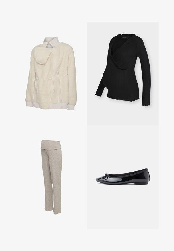 Veste en polaire sherpa couleur crème avec col montant côtelé, fermeture éclair frontale, cordons de serrage réglables, poignets et ourlet côtelés.; Top de maternité noir en maille côtelée à manches longues avec col croisé et bords volantés au niveau du col, des poignets et de l'ourlet, sur fond blanc.; Pantalon lounge en tissu doux beige clair avec une large ceinture rabattue et des jambes droites.; Ballerine en cuir verni noir avec un bout arrondi, un bord élastique et un petit nœud décoratif à l'avant. Talon plat pour un port facile.
