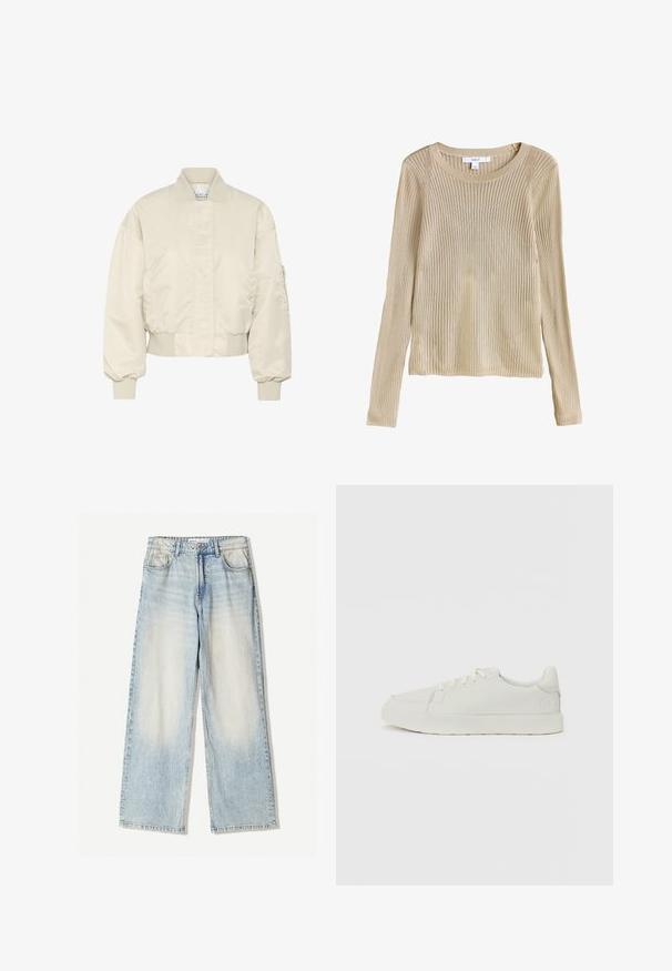 Lys beige bomberjakke med en glat overflade, ribbede manchetter og kant samt en lynlås lomme på venstre ærme. Klassisk, cropped design.; Beige ribstrikket langærmet sweater med rund halsudskæring og slim fit, vist fladt med synligt mærke ved kraven.; Lyseblå denimbukser med vid ben, der har fem lommer, subtil falmning og synlige sømme langs kanterne.; Hvide sneakers med en glat overflade, rund tå og subtile syninger. Flade snørebånd og et logo-akkent ved hælen. Minimalistisk design.