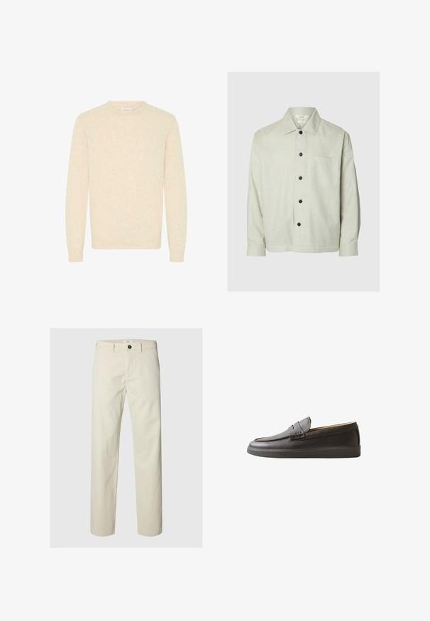 Camisa de manga larga beige claro con botones negros, cuello puntiagudo, mangas con puños y un bolsillo en el pecho en el lado izquierdo.; Suéter beige claro hecho de una suave tela de punto, con un escote redondo y mangas largas, y con puños y dobladillo acanalados.; Pantalones beige de corte recto con un botón negro y presillas para cinturón, mostrados sobre un fondo claro y sencillo.; Mocasín negro de cuero tipo slip-on con acabado texturizado y suela baja de goma, mostrado de lado sobre fondo blanco.