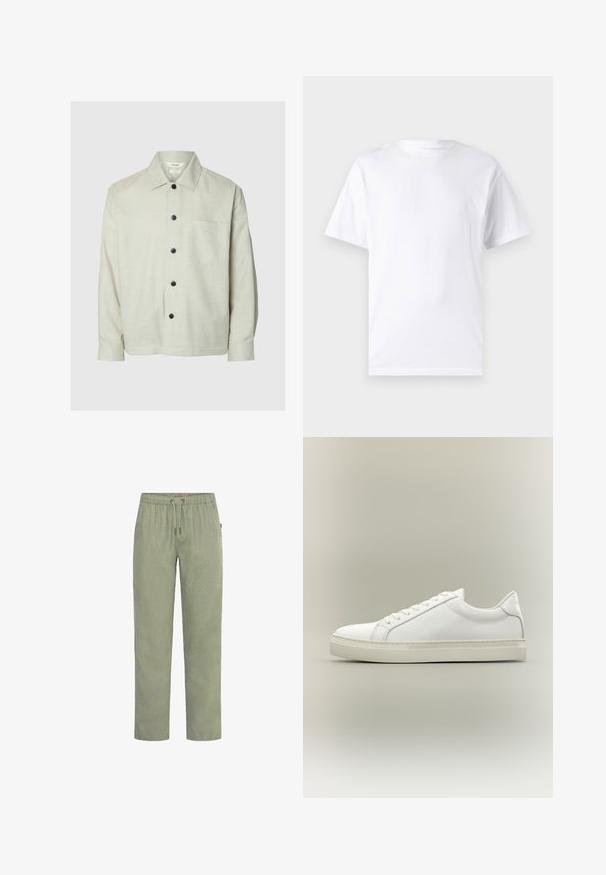 Chemise beige clair à manches longues avec des boutons noirs, un col pointu, des manches avec poignets et une poche poitrine sur le côté gauche.; T-shirt blanc à manches courtes en coton avec un col rond, présentant une texture lisse et un design simple, sans motifs ni accents.; Pantalon vert clair à jambes droites avec taille élastique et cordon de serrage, fabriqué en tissu doux.; Baskets blanches basses à lacets sur l’avant et semelle épaisse, vues de côté sur un fond neutre.