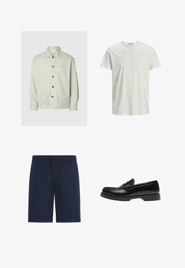 Lysebeige langærmet skjorte med sorte knapper, spids krave, manchetter og brystlomme på venstre side.; Hvid kortærmet T-shirt lavet af økologisk bomuld. Har en rund halsudskæring og en afslappet pasform, med en simpel, glat tekstur.; Mørkeblå shorts lavet af letvægtsstof med elastisk linning med snøre og opbrettede kanter. Glat tekstur, afslappet design.; Sort læderloafer med en kraftig gummisål og klassiske penny-strap detaljer, vist fra ydersiden.